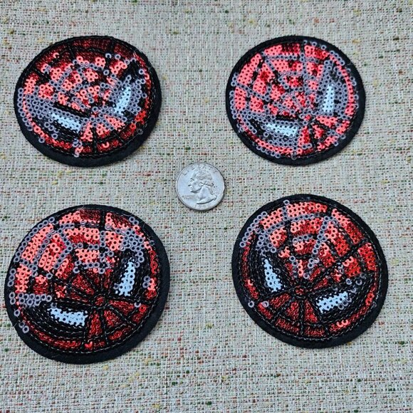 Lot of 4 Patches Red Sequins Sewing On Patches Red/Black Spider Web Round Patch - Picture 6 of 10